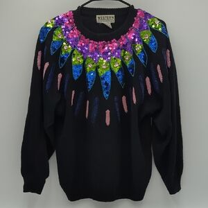 Vintage 80s Black Sequins Floral Sweater Beaded Glam Party Knit  Medium Retro